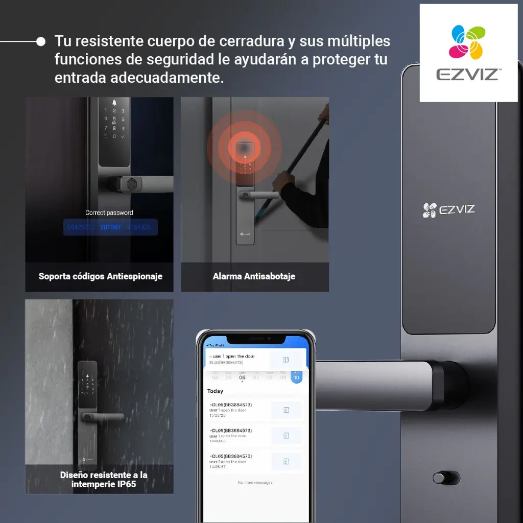 Cerradura Inteligente Ezviz Huella, tag, PIN, APP, bluetooth con pasador manual (DL05-R100) (copia)
