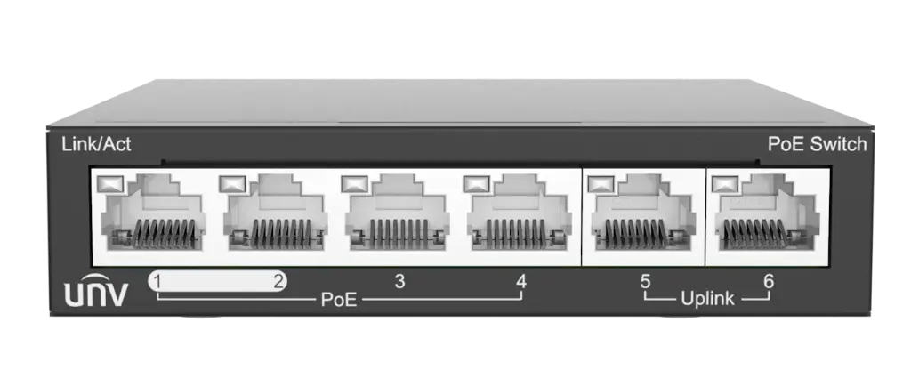 Switch PoE 6 Puertos Uniview - 4 PoE Fast + 2 Uplink RJ45 - 60W Total - Modo Extendido 250m (NSW2020-6T-POE-IN)