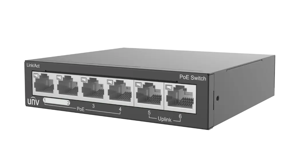 Switch PoE 6 Puertos Uniview - 4 PoE Fast + 2 Uplink RJ45 - 60W Total - Modo Extendido 250m (NSW2020-6T-POE-IN)