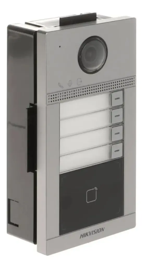Portero IP Hikvision 2MP Lector Mifare 4 casas/deptos PoE IR IP65 IK08 App 2 puertas Hik-Connect (DS-KV8413-WME1)