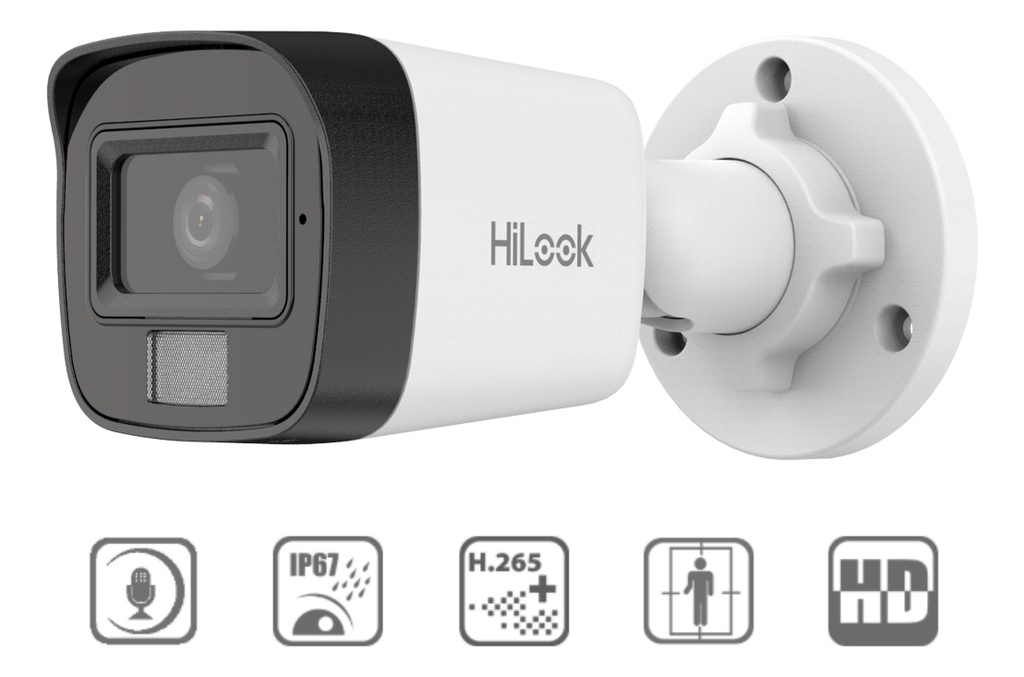 Camara IP 2MP Hilook 2,8mm HybridLigth Microfono FigHumana IP67 (IPC-B120HA-LUC)