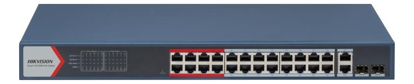 Switch PoE 24+2 Puertos Hikvision Administrable - 24 PoE Fast + 2 Gigabit Combo - Potencia 370W (DS-3E1326P-EI)