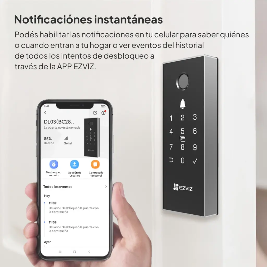 DL03 PRO Cerradura Inteligente Ezviz WiFi Apertura Huella Clave App RFID y Notificaciones Push Incluye Auto Bloqueo y Alarma Antisabotaje Gris (CS-DL03-R100-WBCP-GR)