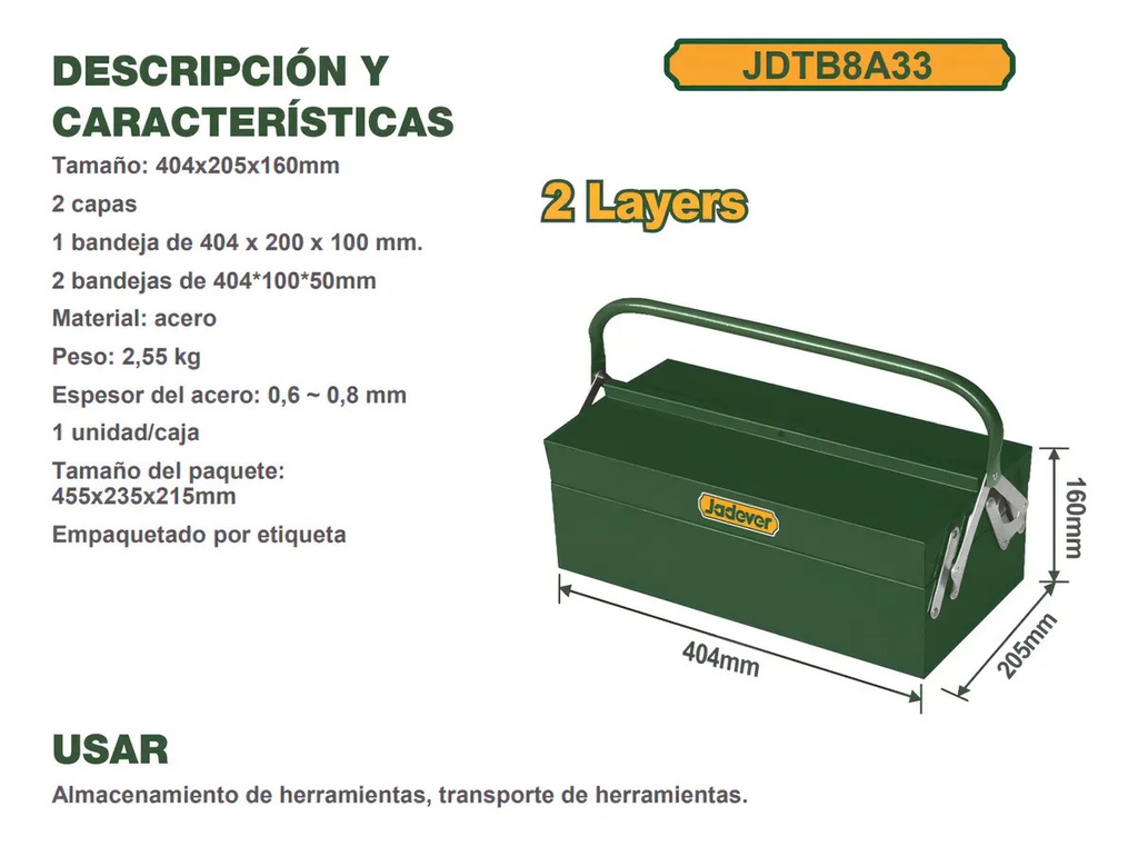 Caja de herramientas de acero Jadever 2 bandejas 404x205x160mm [d]