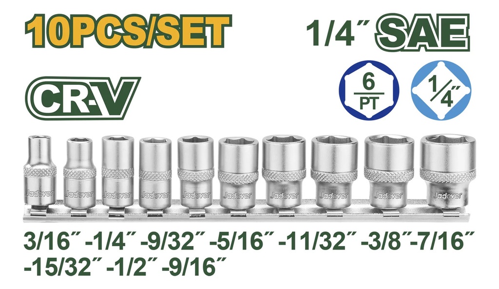 Set x10 bocallaves  3/16", 1/4", 9/32", 5/16", 11/32", 3/8", 7/16", 15/32", 1/2", 9/16" (UJDST4410)