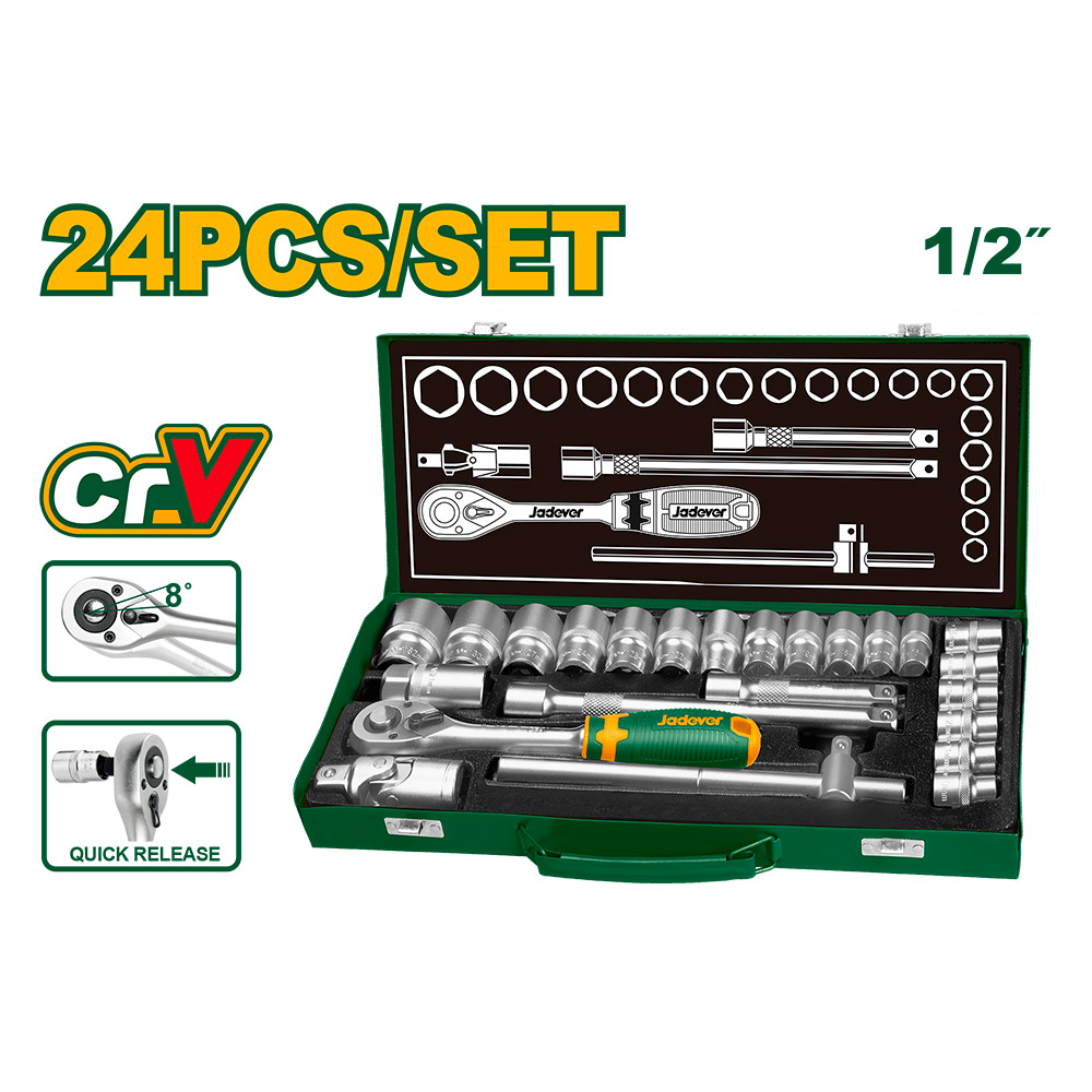 Set de llave cricket y tubos x24 piezas 1/2" Jadever con valija metálica [d]