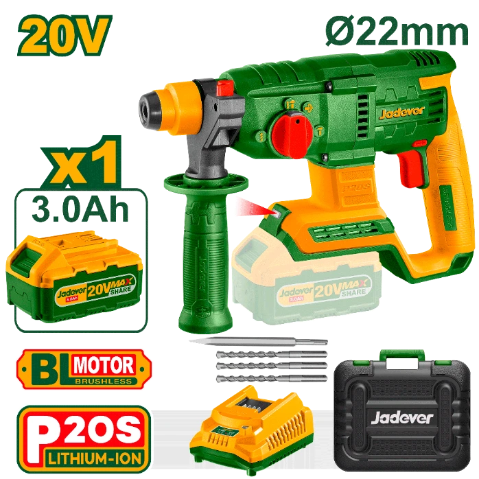 [JDLM1522-4] Kit Rotomartillo Brushless 20V SDS + 1 Bat 3A + Cargador + Maletin + 4 puntas [d]