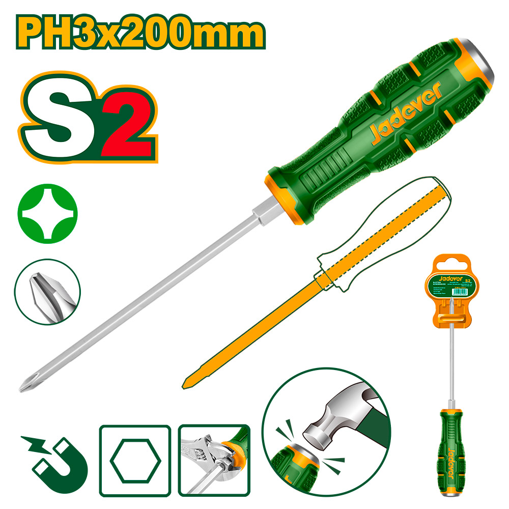 Destornillador phillips de impacto Jadever con punta magnetica S2 PH3x200mm [d]