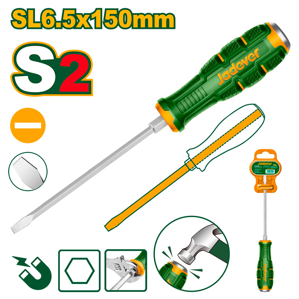 Destornillador plano de impacto Jadever con punta magnetica S2 SL6.5x150mm [d]