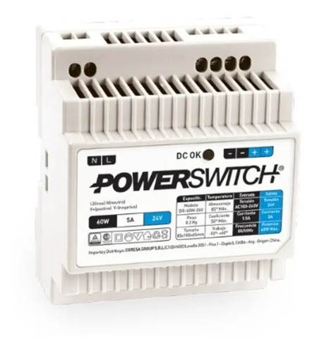 Fuente 24V 5A Powerswitch riel din gabinete plastico IP20 (DR-60W-24V)