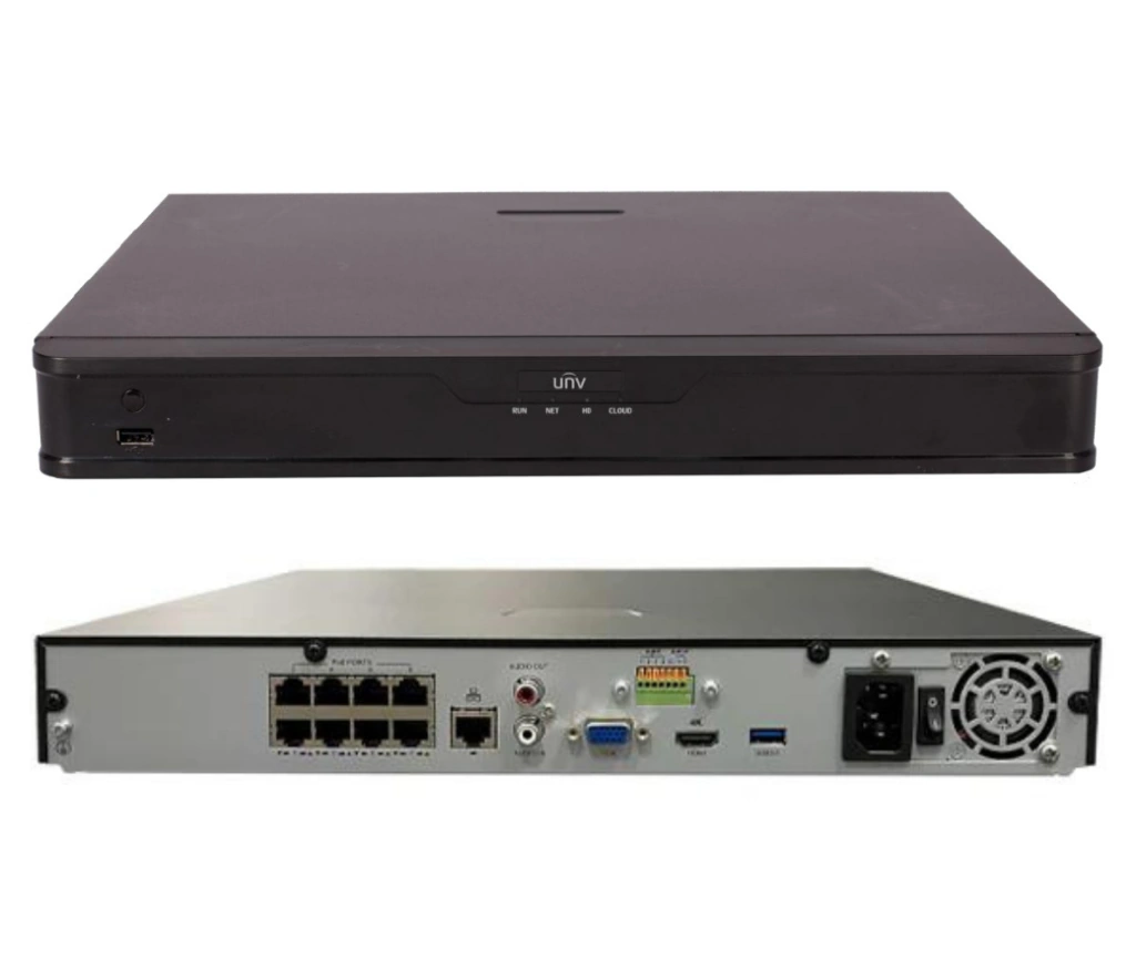 NVR PoE 8ch Uniview 8MP 4K iA Avanzada i/o Alarma Onvif/RTSP Ultra H265 (NVR302-08S-P8)