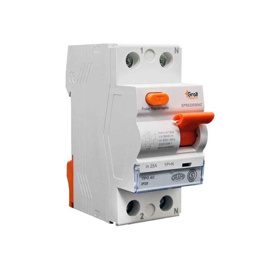 [EPR22530AC] Disyuntor diferencial Gralf 2P 25A Protección Sobrecarga y Cortocircuito (EPR22530AC)