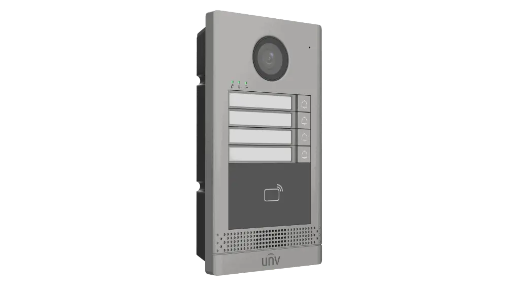 Videoportero Uniview con Lector IC, 4 botones, PoE, IP65 IK08 APP y/o pantalla (OEU-202S-HMK4)