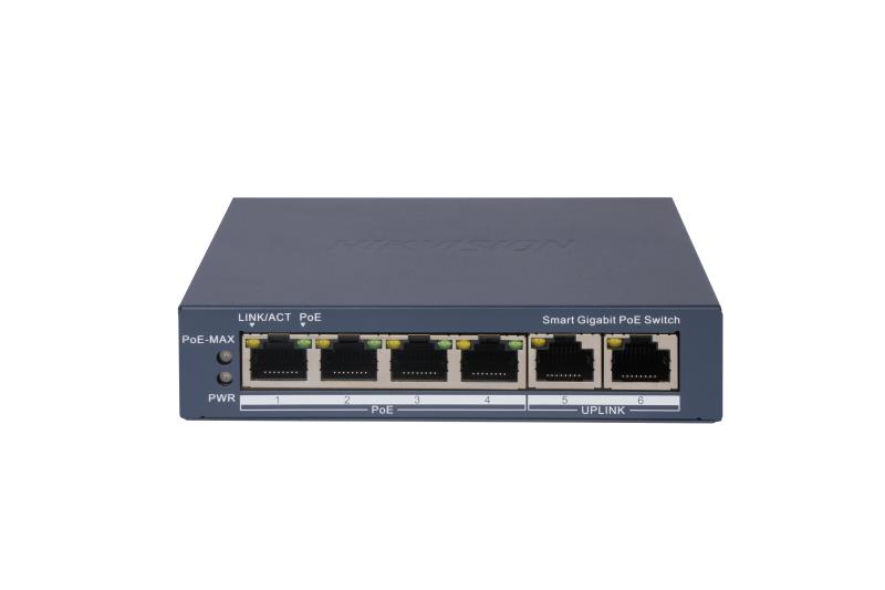 Switch PoE 4+2 Puertos Hikvision Administrable 4 PoE Gigabit + 2 Uplink - Potencia 60W (DS-3E1506P-EI)