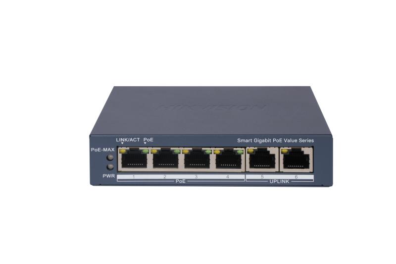 Switch PoE 4+2 Puertos Hikvision Administrable 4 PoE Gigabit + 2 Uplink - Potencia 45W (DS-3E1506P-EI/M)