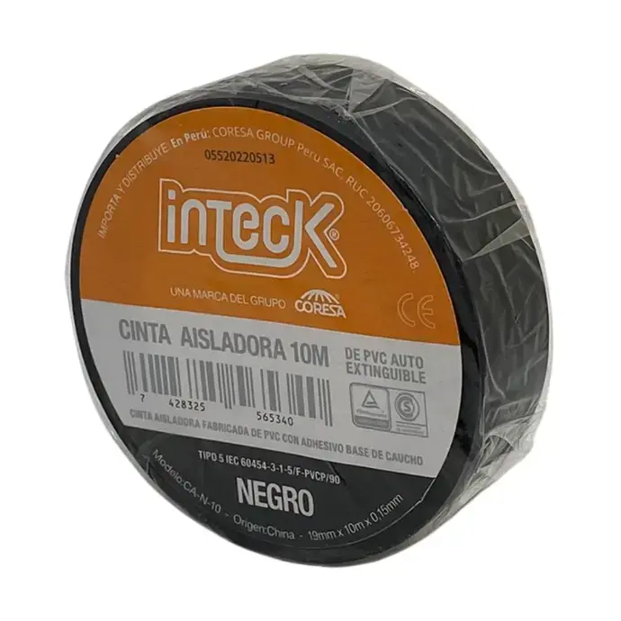 Cinta aisladora Inteck de PVC autoextinguible 10 metros negra