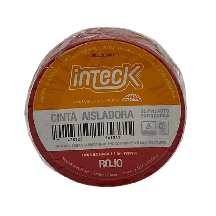 Cinta aisladora Inteck de PVC autoextinguible 10 metros roja