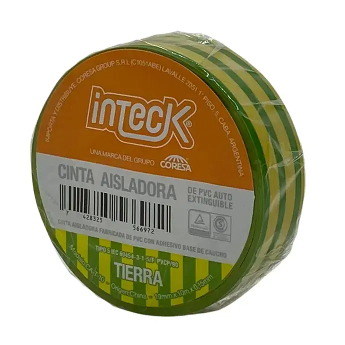 Cinta aisladora Inteck de PVC autoextinguible 10 metros verde/amarillo