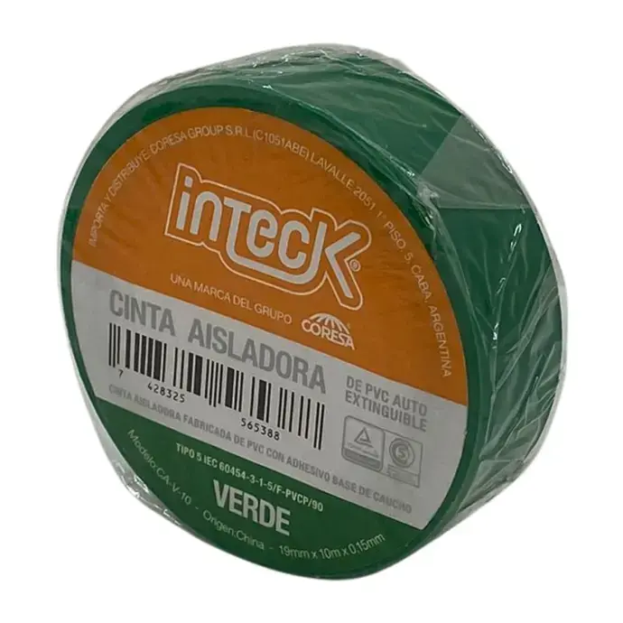 Cinta aisladora Inteck de PVC autoextinguible 10 metros verde