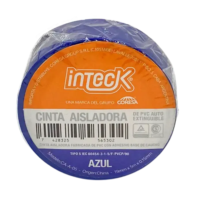 Cinta aisladora Inteck de PVC autoextinguible 5 metros azul
