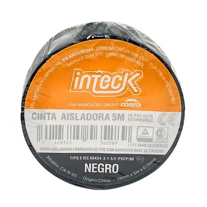 Cinta aisladora Inteck de PVC autoextinguible 5 metros negra