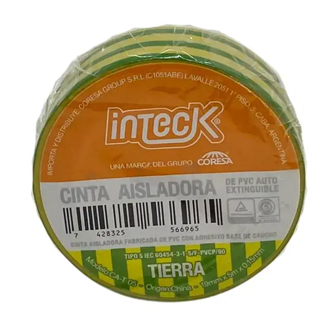 [CA-T-05] Cinta aisladora Inteck de PVC autoextinguible 5 metros verde/amarillo