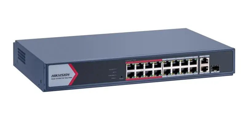 Switch PoE 16+2 Puertos Hikvision Administrable 16 PoE Fast + 1 Gigabit + 1 combo Gigabit/SFP - Potencia 130W (DS-3E1318P-EI/M)