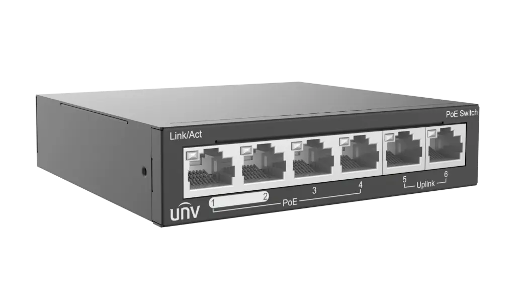 [NSW2020-6T-POE-IN] Switch PoE 4+2 Puertos Uniview - 4 PoE Fast + 2 Uplink RJ45 - 60W Total - Modo Extendido 250m (NSW2020-6T-POE-IN)