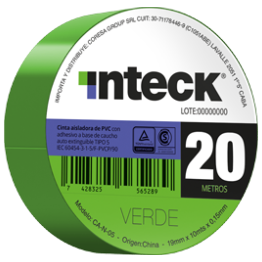 Cinta aisladora Inteck de PVC autoextinguible 20 metros verde (CA-V-20) 