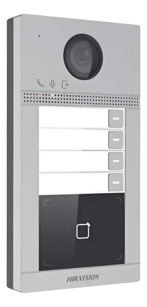 Portero IP Hikvision 2MP Lector Mifare 4 casas/deptos PoE IR IP65 IK08 App 2 puertas Hik-Connect (DS-KV8413-WME1)