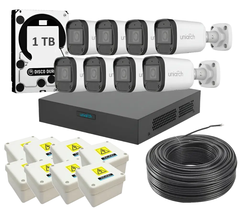 [KitUniarch8chPoe] NVR PoE + 8 cam 2mpx iA + Disco 1TB+ cable UTP + estancas