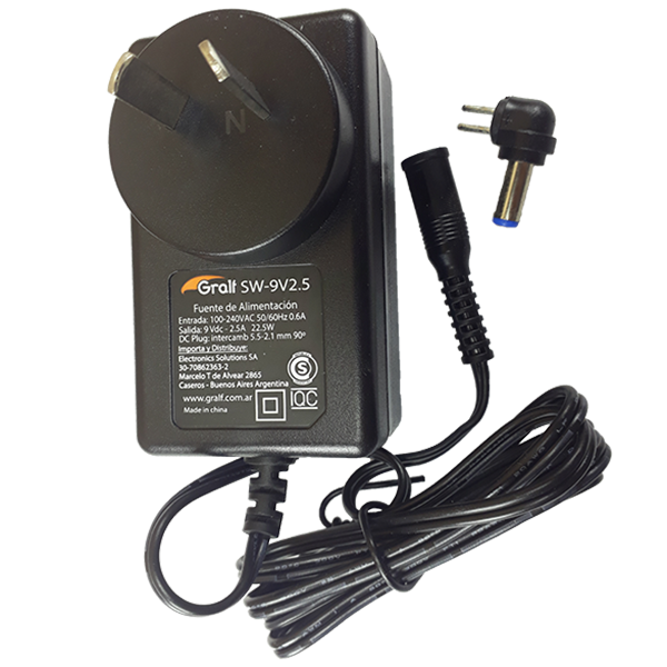 [070925] Fuente switching 9V 2.5A plug intercambiable 2.1mm Gralf (SW-9V2.5)