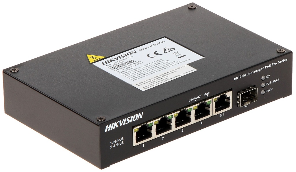 Switch PoE Hikvision 4 PoE+1 uplink + SPF watchdog potencia 65W (DS-3T0306HP-E/HS)