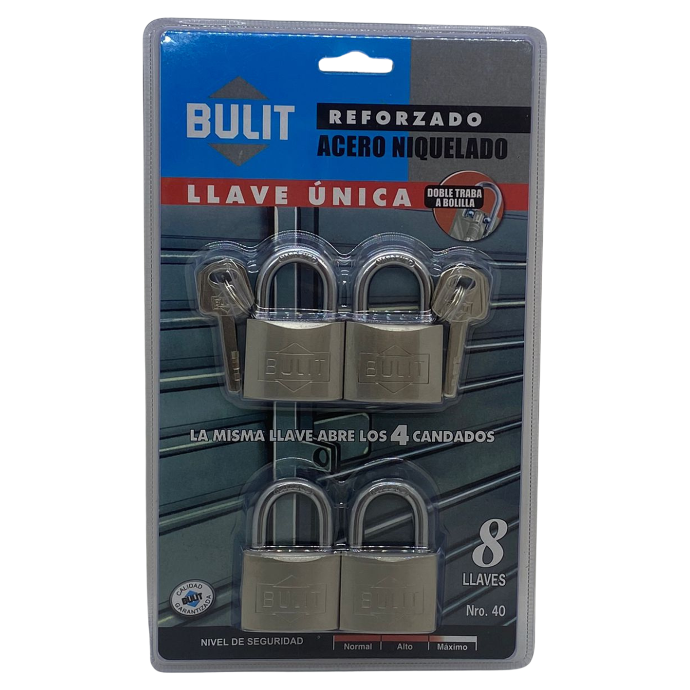 Candado Bulit reforzado de acero niquelado x 4 (CDB AR 40x4)