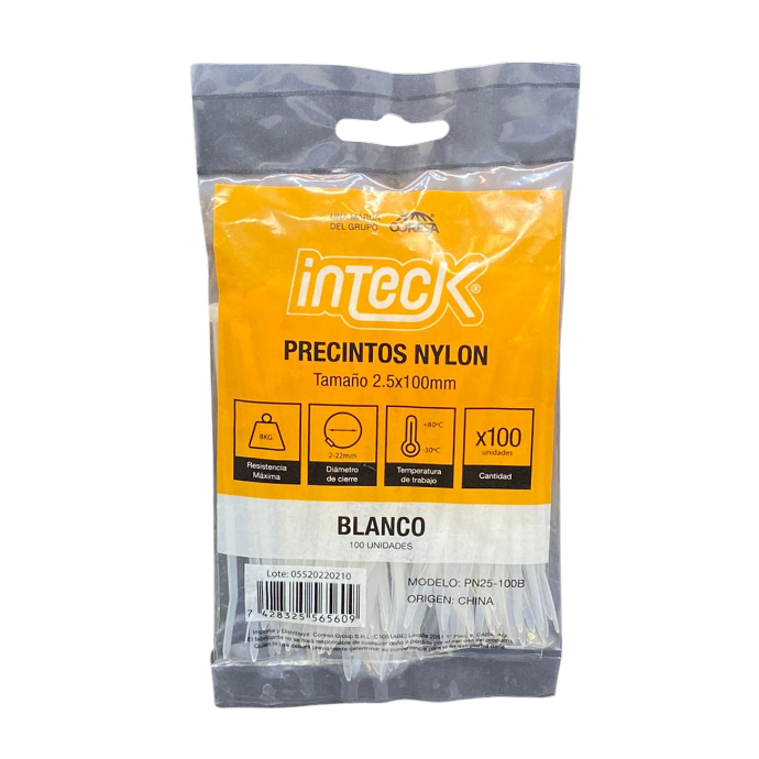 [PN25-100B] Precinto de nylon Inteck 2,5mmx10cm filtro uv blanco x100u