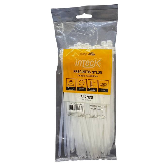 [PN48-200B] Precinto de nylon Inteck 4,8mmx20cm filtro UV blanco x100u