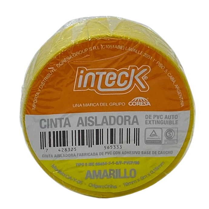 [CA-Y-05] Cinta aisladora Inteck de PVC autoextinguible 5 metros amarillo