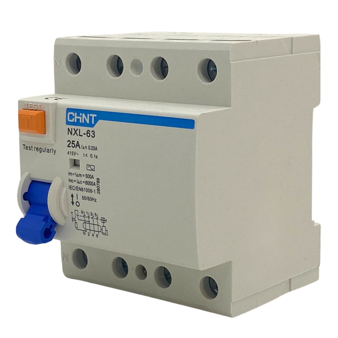 [NXL-63 3P+N 25A 30mA AC 6kA] Disyuntor Diferencial Tetrapolar Chint 4x25A 30mA Clase AC 6kA Riel Din