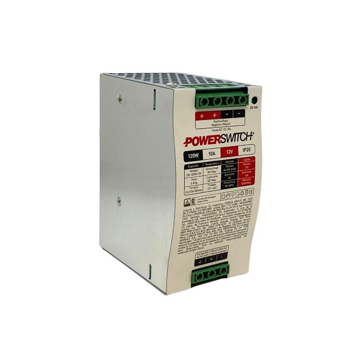 Fuente 12V 10A Powerswitch riel din gabinete metalico IP20 (DR-120W-12V)