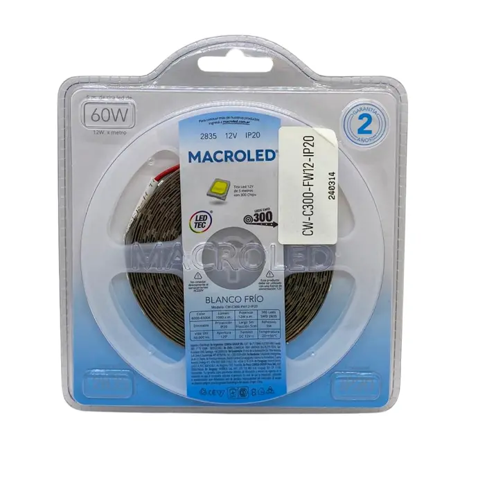 Tira LED blanco frio 5m 2835 Macroled 300 LEDs 12V (CW-C300-FW12-IP20)
