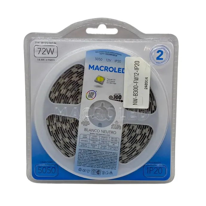 Tira LED 5m blanco neutro 5050 Macroled 300 LEDs 12V (NW-B300-FW12-IP20)