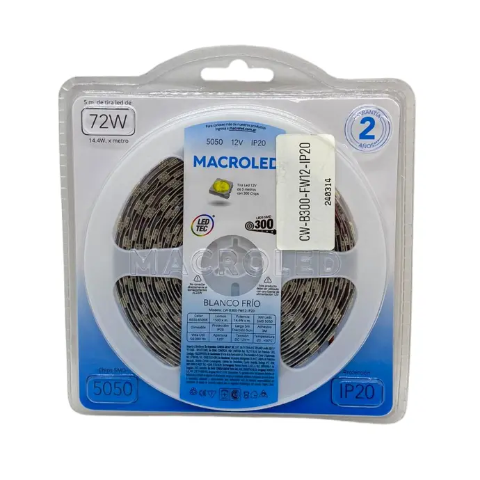 Tira LED 5m blanco frio 5050 Macroled 300 LEDs 12V (CW-B300-FW12-IP20)