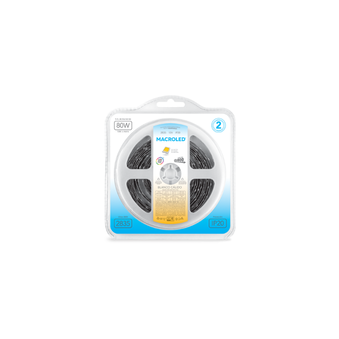 Tira LED 5m blanco calido 2835 Macroled 600 LEDs 12V (WW-C600-FW12-IP20)