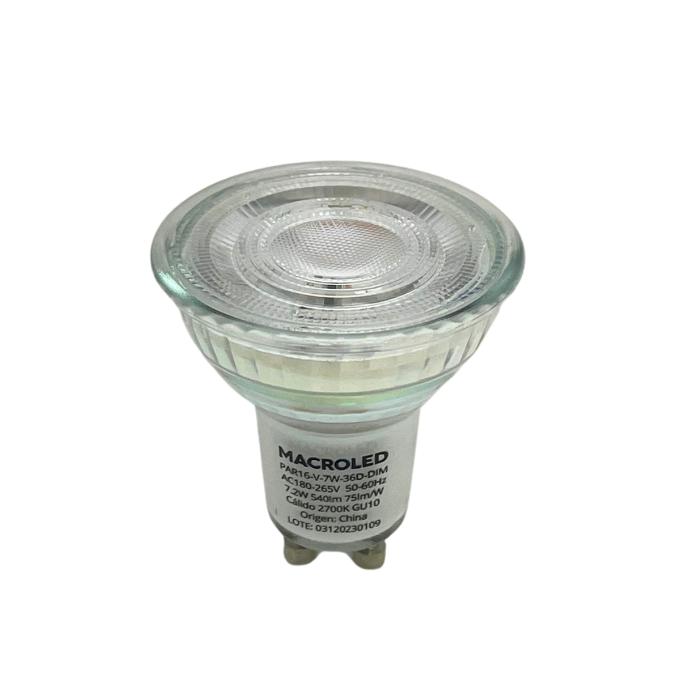 Dicroica Macroled de vidrio spot GU10 7W dimerizable calida 2700K (PAR16-V-7W-36D-DIM-WW)