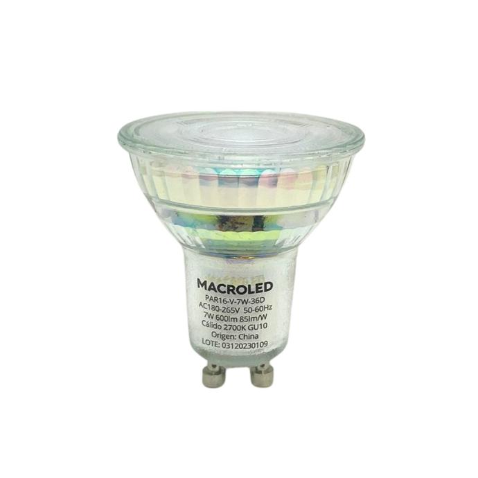 Dicroica Macroled vidrio spot GU10 7W calida 2700K (PAR16-V-7W-36D-WW)