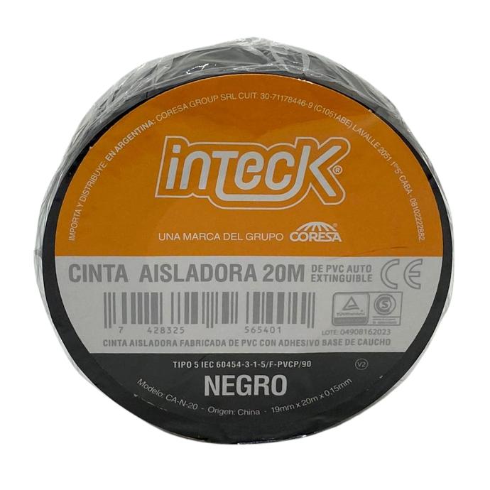 [CA-N-20] Cinta aisladora Inteck de PVC autoextinguible negra 20 metros