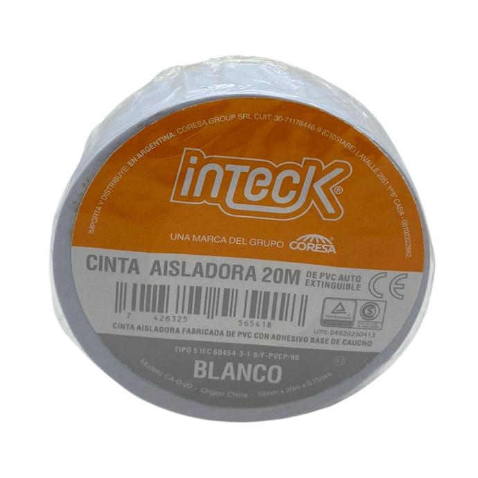 [CA-B-20] Cinta aisladora Inteck de PVC autoextinguible blanca 20 metros
