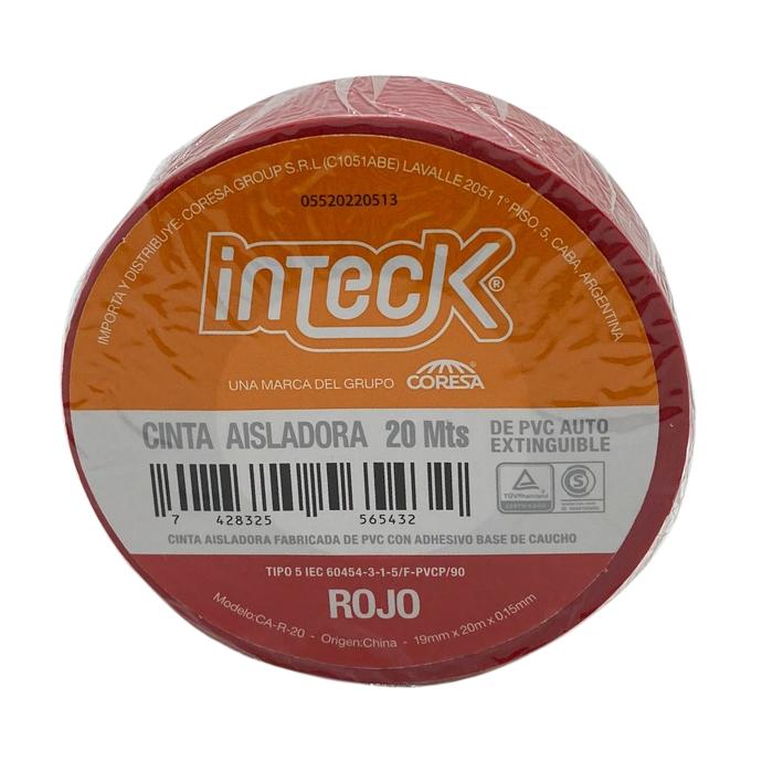 Cinta aisladora Inteck de PVC autoextinguible roja 20 metros