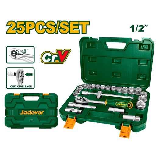 [JDST2D25] Set de llave cricket y tubos x25 piezas 1/2" Jadever con valija plástica [d]