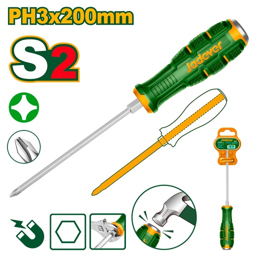 [JDQJ2238] Destornillador phillips de impacto Jadever con punta magnetica S2 PH3x200mm [d]